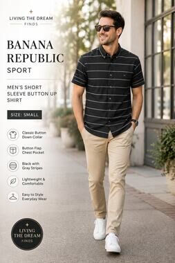 Banana Republic Sport Shirt Mens Small Black Gray Stripe Short Sleeve Button Up